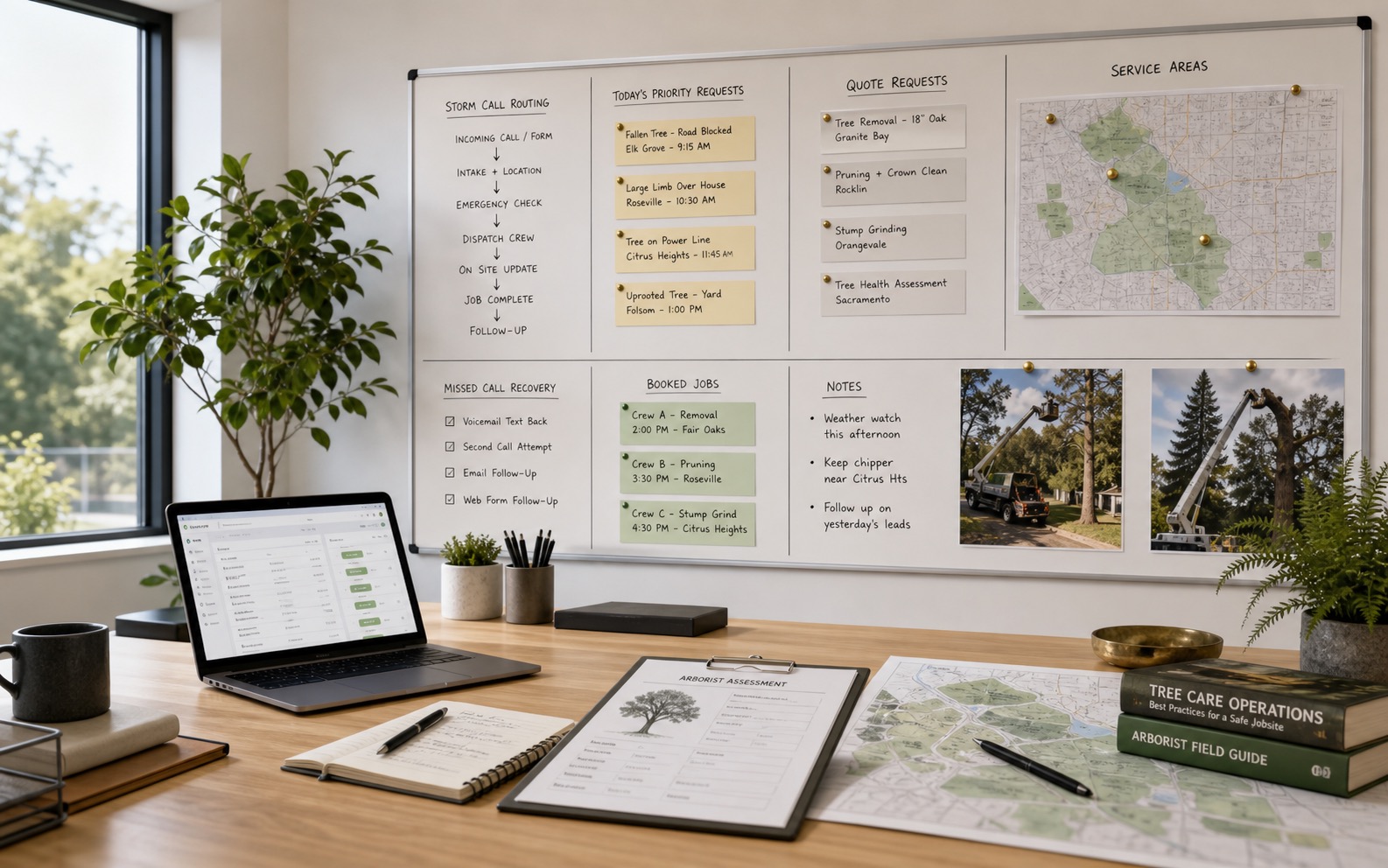 Marketing operations office for tree service companies showing storm call guidance, tree removal quote requests, service areas, missed-call recovery, and booked crew schedule.