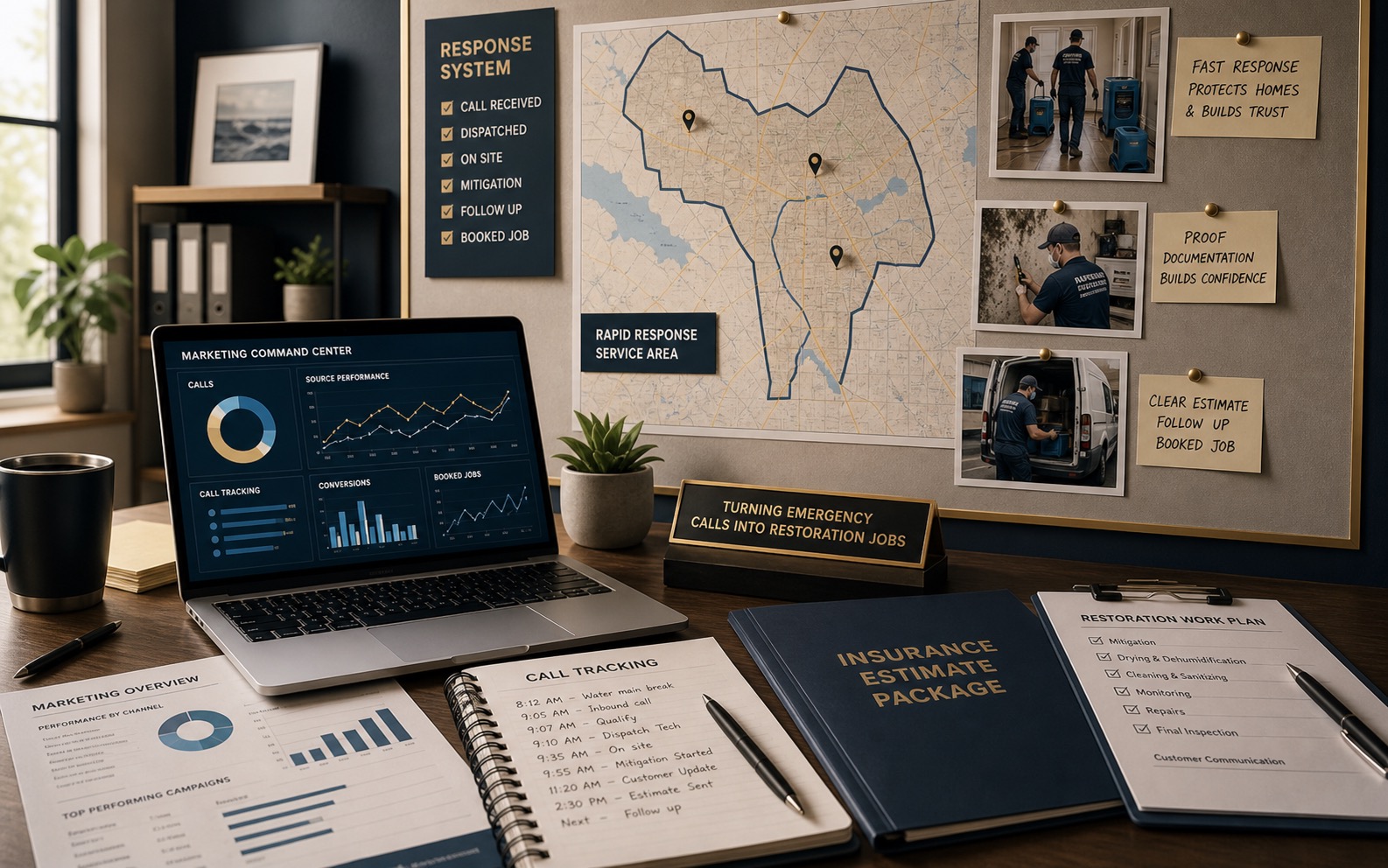Marketing operations office for restoration companies showing emergency response demand, call tracking, service-area map, insurance estimate folder, follow-up notes, and booked restoration jobs.