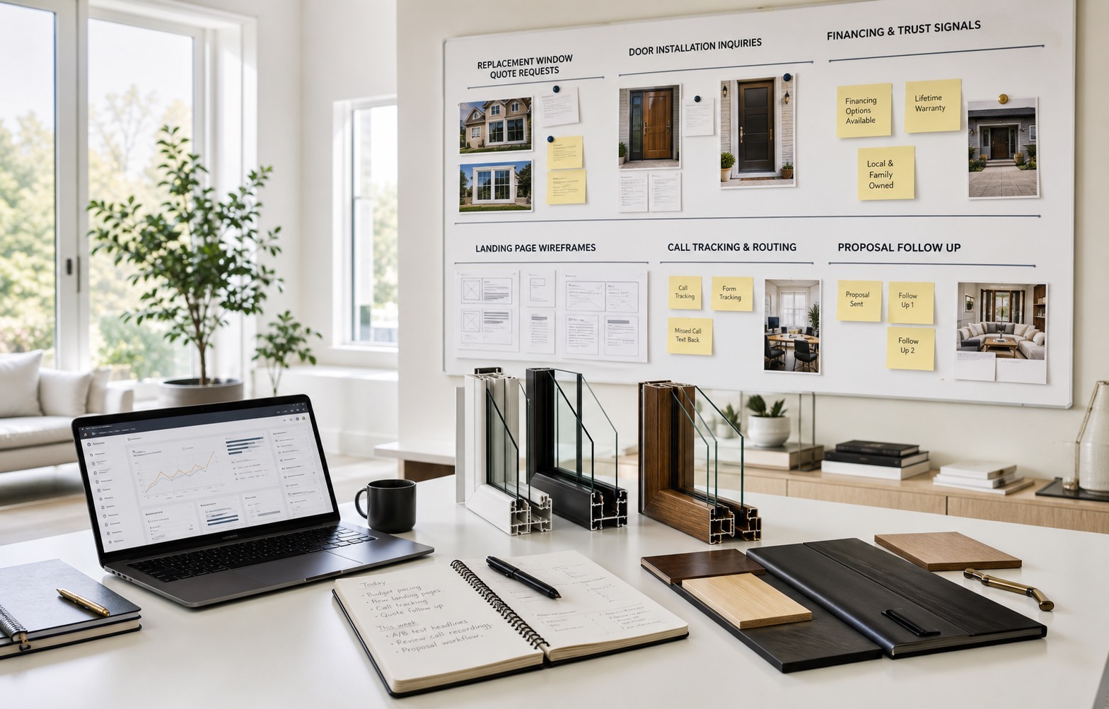 Marketing operations office for window and door contractors showing replacement quote requests, consultation calendar, financing proof, call tracking, and proposal follow-up.