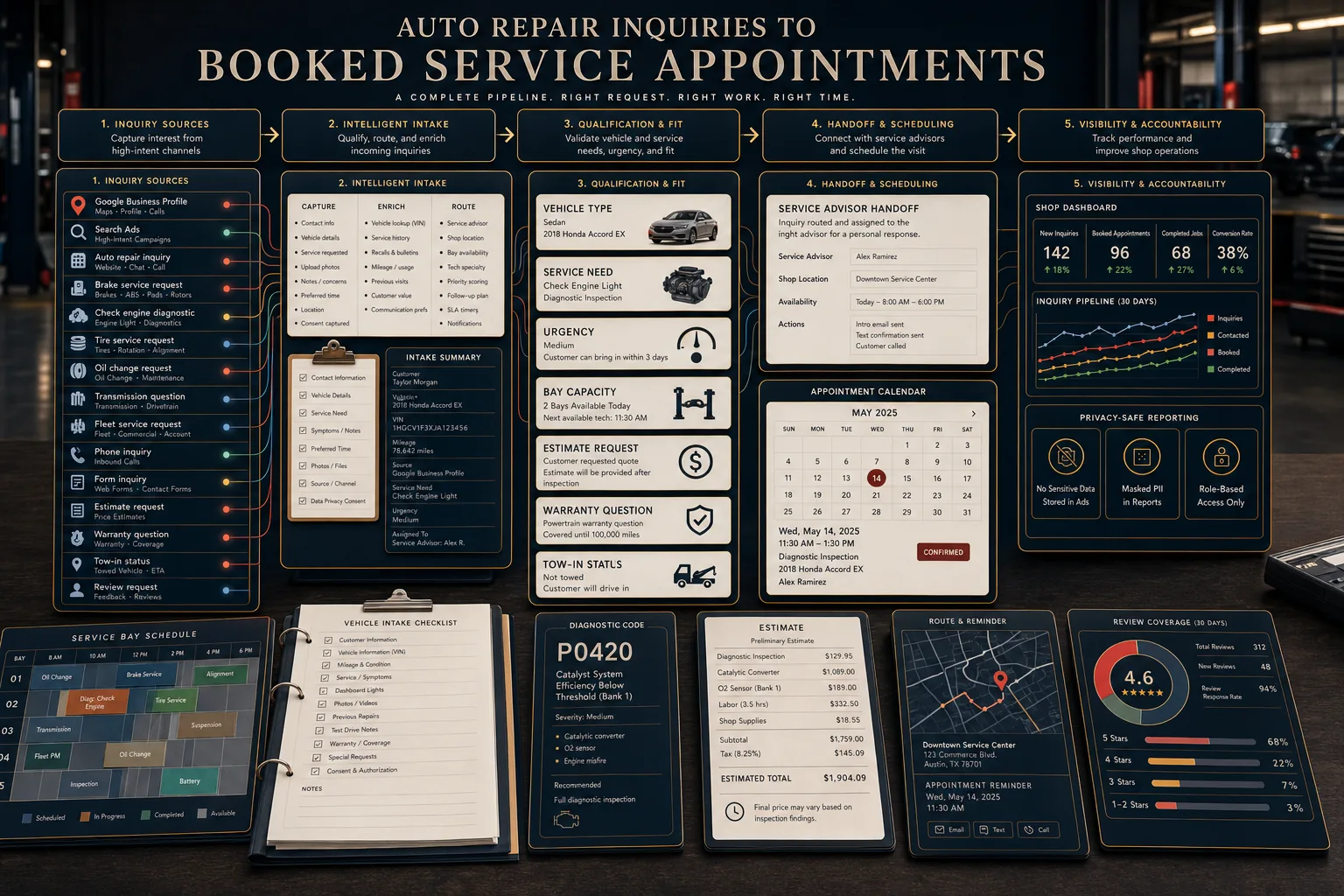 Premium auto repair inquiries to booked service appointments schematic showing Google Business Profile, Search Ads, auto repair inquiry, brake service request, check engine marketing audit, tire service request, oil change request, transmission question, fleet service request, phone inquiry, form inquiry, vehicle type, service need, urgency, bay capacity, technician notes, estimate request, warranty question, tow-in status, review request, service advisor handoff, appointment calendar, shop dashboard, service bay schedule, repair order ledger, vehicle intake checklist, marketing audit code card, estimate card, service map, review coverage, and privacy-safe tracking.