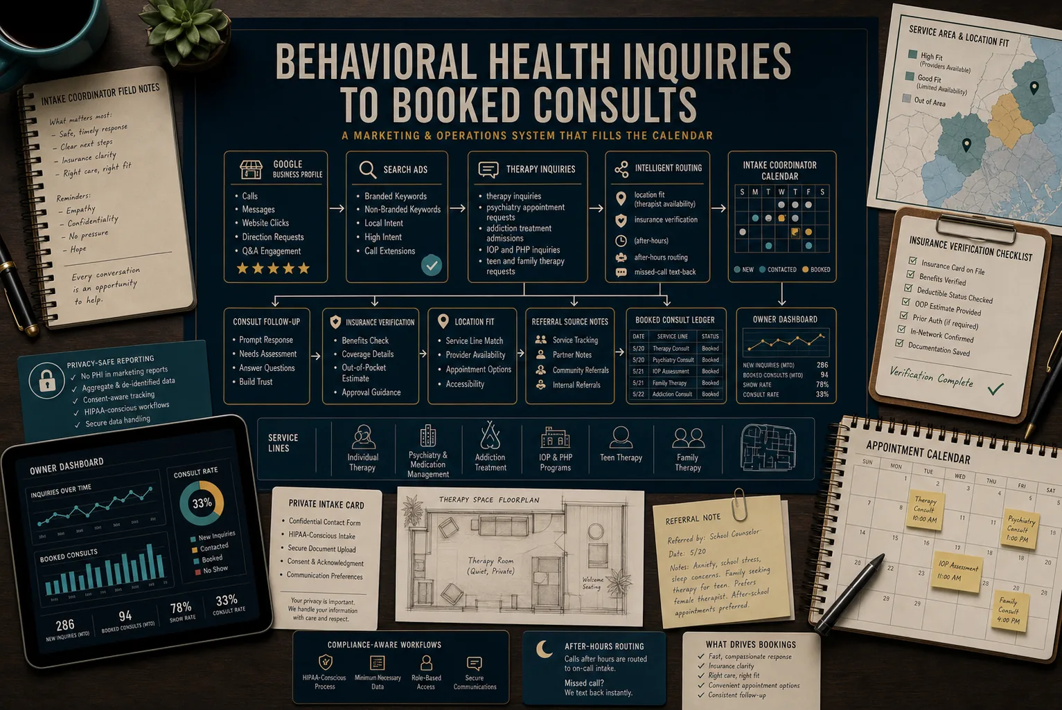 Premium behavioral health inquiries to booked consults schematic showing Google Business Profile, Search Ads, therapy inquiries, psychiatry appointment requests, addiction treatment admissions, IOP and PHP inquiries, teen and family therapy requests, insurance verification, location fit, after-hours handoff, missed-call text-back, intake coordinator calendar, referral source notes, consult follow-up, booked consult ledger, owner dashboard, and privacy-safe tracking.