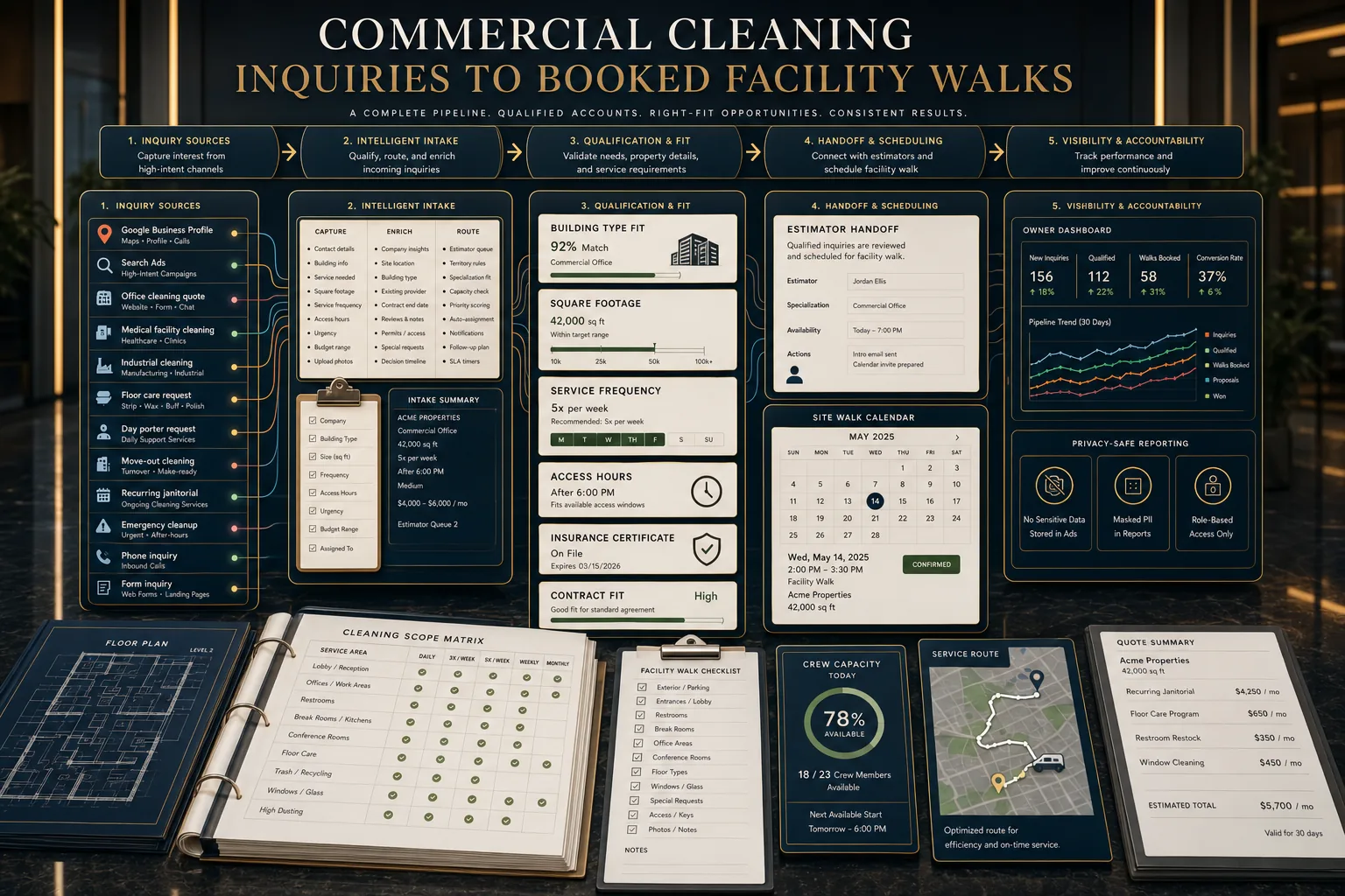 Premium commercial cleaning inquiries to booked facility walks schematic showing Google Business Profile, Search Ads, office cleaning quote requests, medical facility cleaning, industrial cleaning, floor care requests, day porter requests, move-out cleaning, recurring janitorial, emergency cleanup, phone inquiries, form inquiries, building type fit, square footage, service frequency, access hours, insurance certificate, site walk calendar, estimator handoff, crew capacity, contract fit, owner dashboard, service map, quote summary, and privacy-safe tracking.
