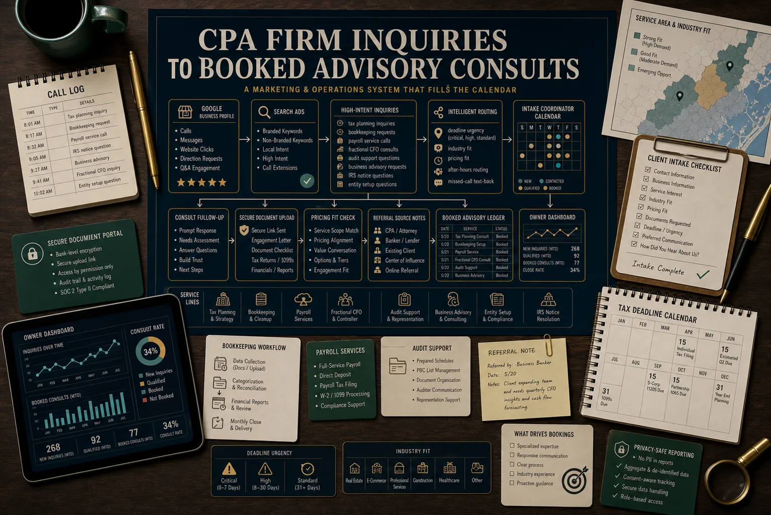 Premium CPA firm inquiries to booked marketing services consults schematic showing Google Business Profile, Search Ads, tax planning inquiries, bookkeeping requests, payroll service calls, fractional CFO consults, audit support questions, marketing services requests, IRS notice questions, entity setup questions, secure document upload, deadline urgency, industry fit, pricing fit, intake coordinator calendar, referral source notes, consult follow-up, booked marketing services ledger, owner dashboard, and privacy-safe tracking.