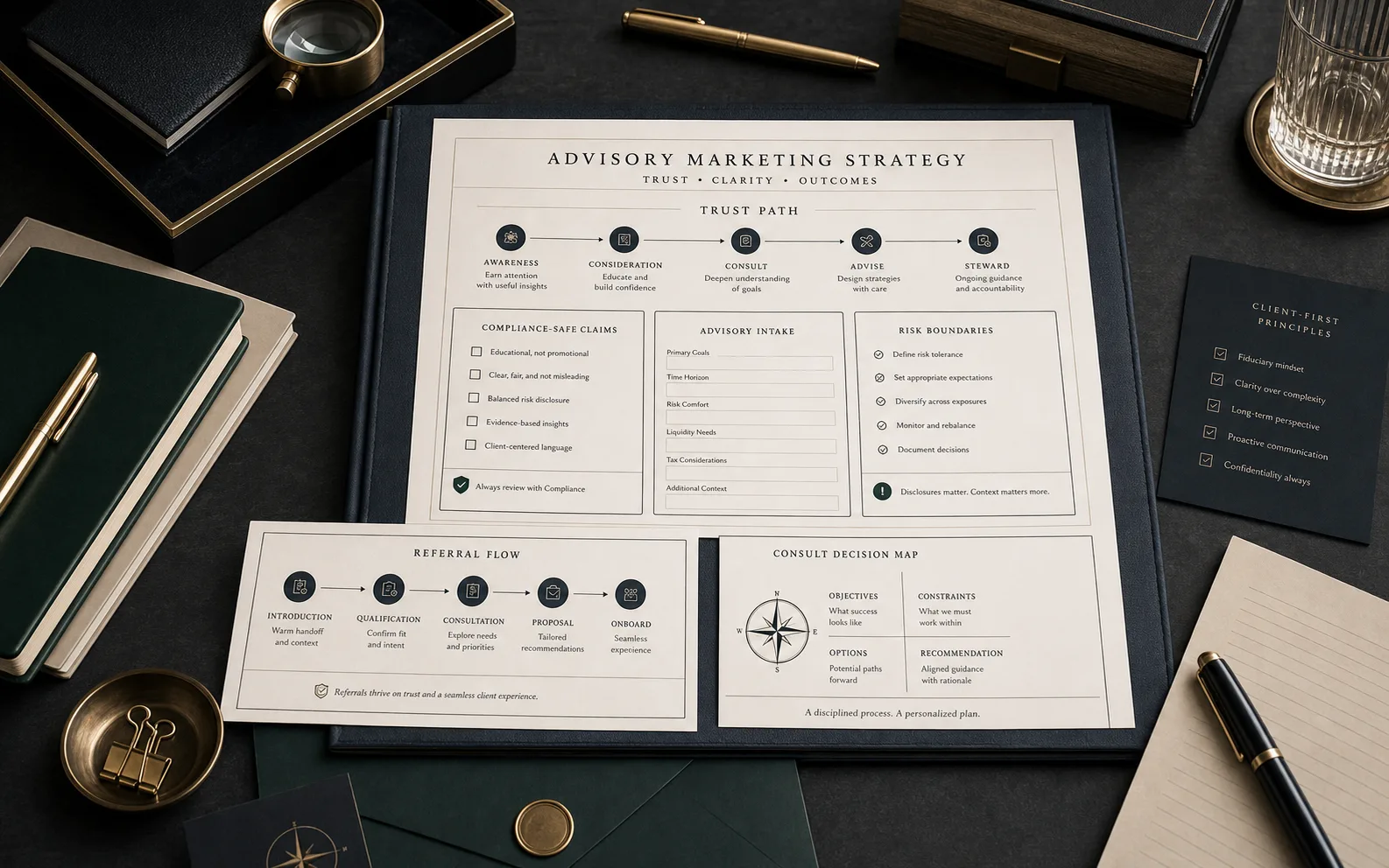Premium marketing services marketing strategy desk with trust path, compliance-safe claims, intake, risk boundaries, referral flow, and consult decision map.
