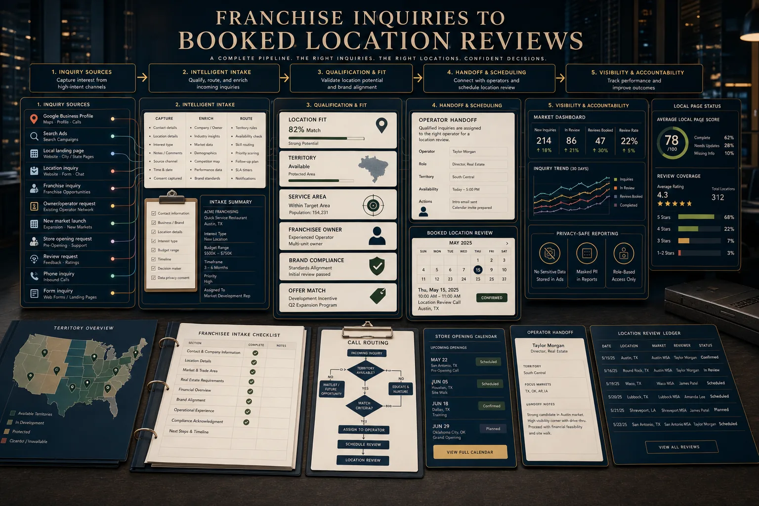 Premium franchise inquiries to booked location reviews schematic showing Google Business Profile, Search Ads, local landing page, location inquiry, franchise inquiry, owner operator request, new market launch, store opening request, review request, phone inquiry, form inquiry, location fit, territory, service area, franchisee owner, brand compliance, offer match, call handoff, local page status, review coverage, market dashboard, booked location review calendar, operator handoff, territory map, franchisee intake checklist, store opening calendar, location review ledger, and privacy-safe tracking.