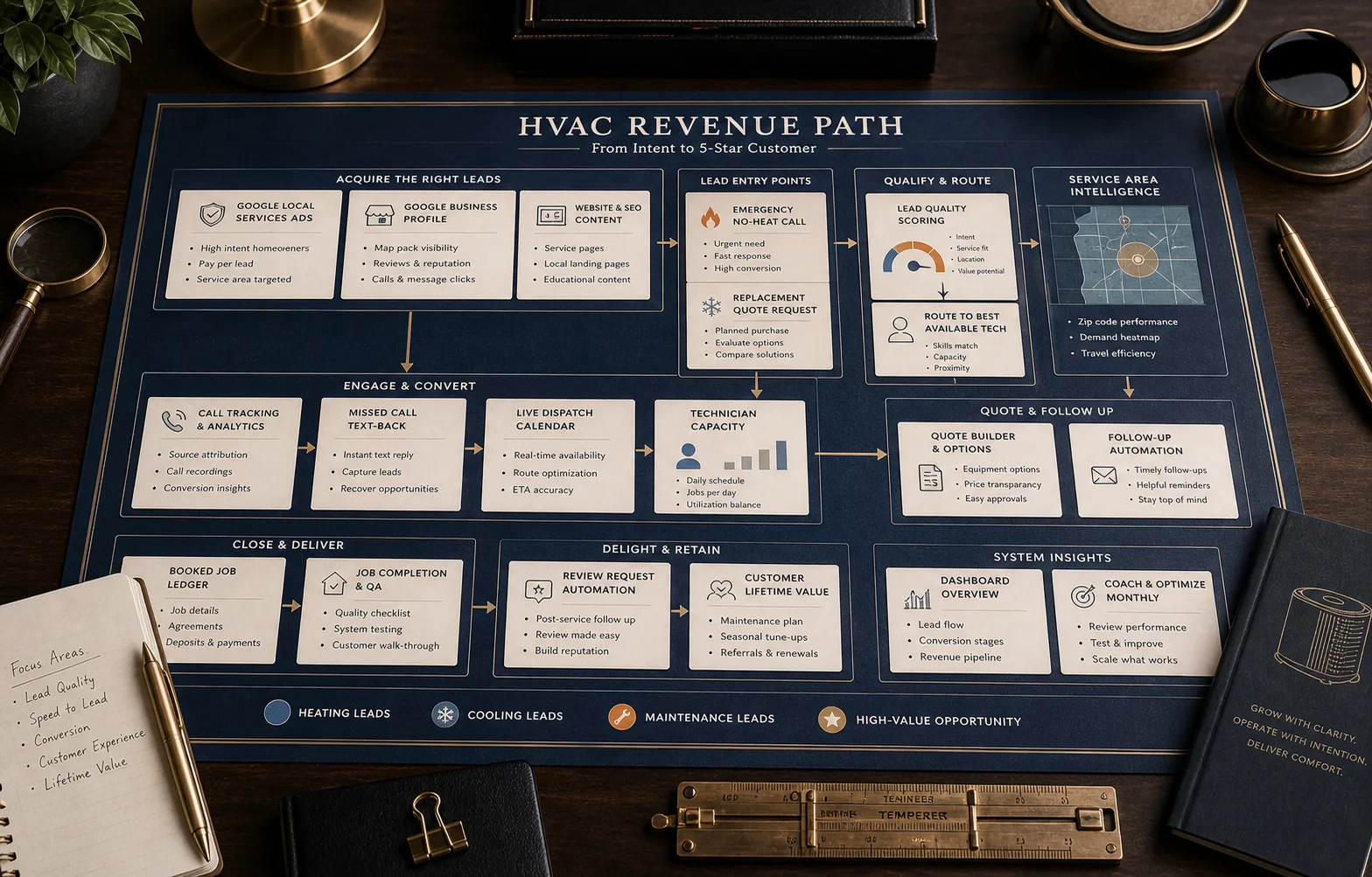 Premium HVAC sales path schematic showing Local Services Ads, Google Business Profile, emergency calls, replacement quote requests, call tracking, dispatch, quote follow-up, booked jobs, reviews, and revenue insights.