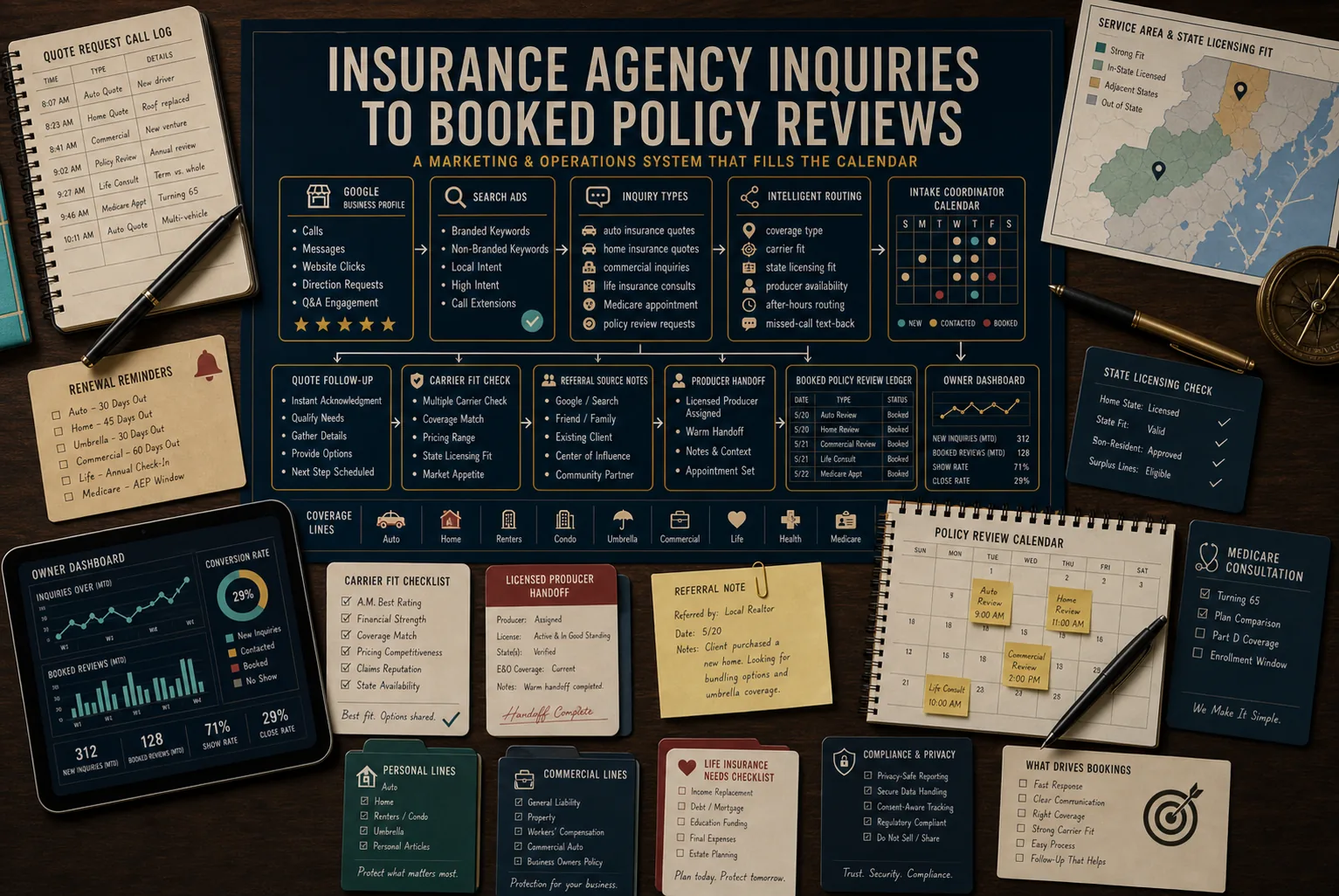 Premium insurance agency inquiries to booked policy reviews schematic showing Google Business Profile, Search Ads, auto insurance quotes, home insurance quotes, commercial insurance inquiries, life insurance consults, Medicare appointment requests, policy review requests, renewal reminders, carrier fit, coverage type, state licensing fit, referral source notes, producer handoff, quote follow-up, booked policy review ledger, owner dashboard, and privacy-safe tracking.