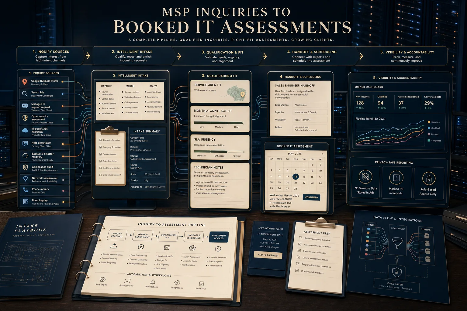 Premium MSP inquiries to booked IT assessments schematic showing Google Business Profile, Search Ads, managed IT support requests, cybersecurity assessment leads, Microsoft 365 migration inquiries, help desk tickets, backup and disaster recovery requests, compliance audit inquiries, network assessment requests, phone inquiries, form inquiries, service-area fit, monthly contract fit, SLA urgency, technician notes, sales engineer handoff, booked IT assessment calendar, owner dashboard, and privacy-safe tracking.