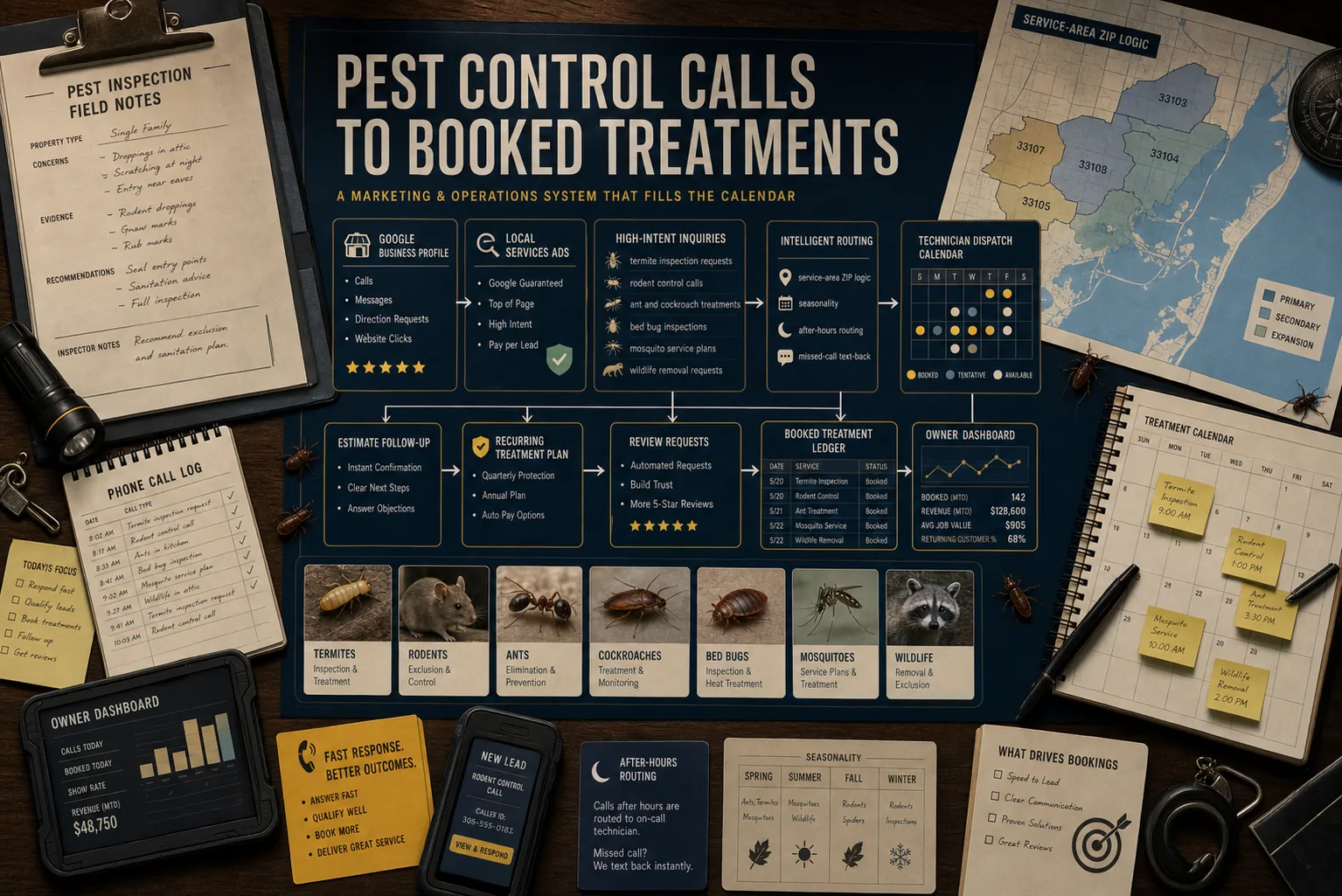 Premium pest control calls to booked treatments schematic showing Google Business Profile, Local Services Ads, termite inspection requests, rodent control calls, ant and cockroach treatments, bed bug inspections, mosquito service plans, wildlife removal requests, service-area ZIP logic, seasonality, after-hours handoff, missed-call text-back, technician dispatch calendar, estimate follow-up, recurring treatment plan, review requests, booked treatment ledger, and owner dashboard.