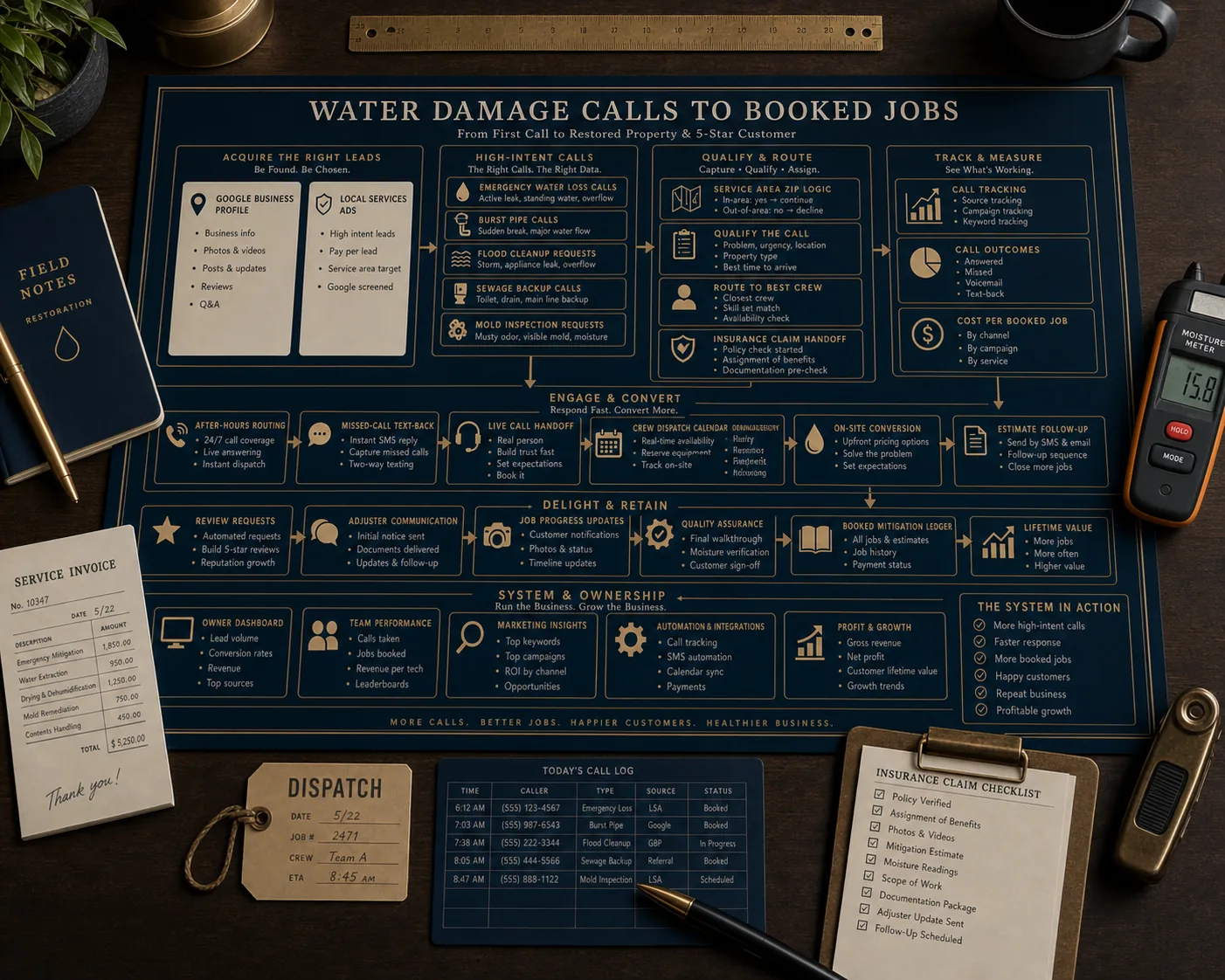 Premium water damage restoration calls to booked mitigation jobs schematic showing Google Business Profile, Local Services Ads, emergency water loss calls, burst pipe calls, flood cleanup requests, sewage backup calls, mold inspection requests, insurance claim handoff, after-hours handoff, crew dispatch, equipment availability, estimate follow-up, adjuster communication, review requests, booked mitigation ledger, and owner dashboard.
