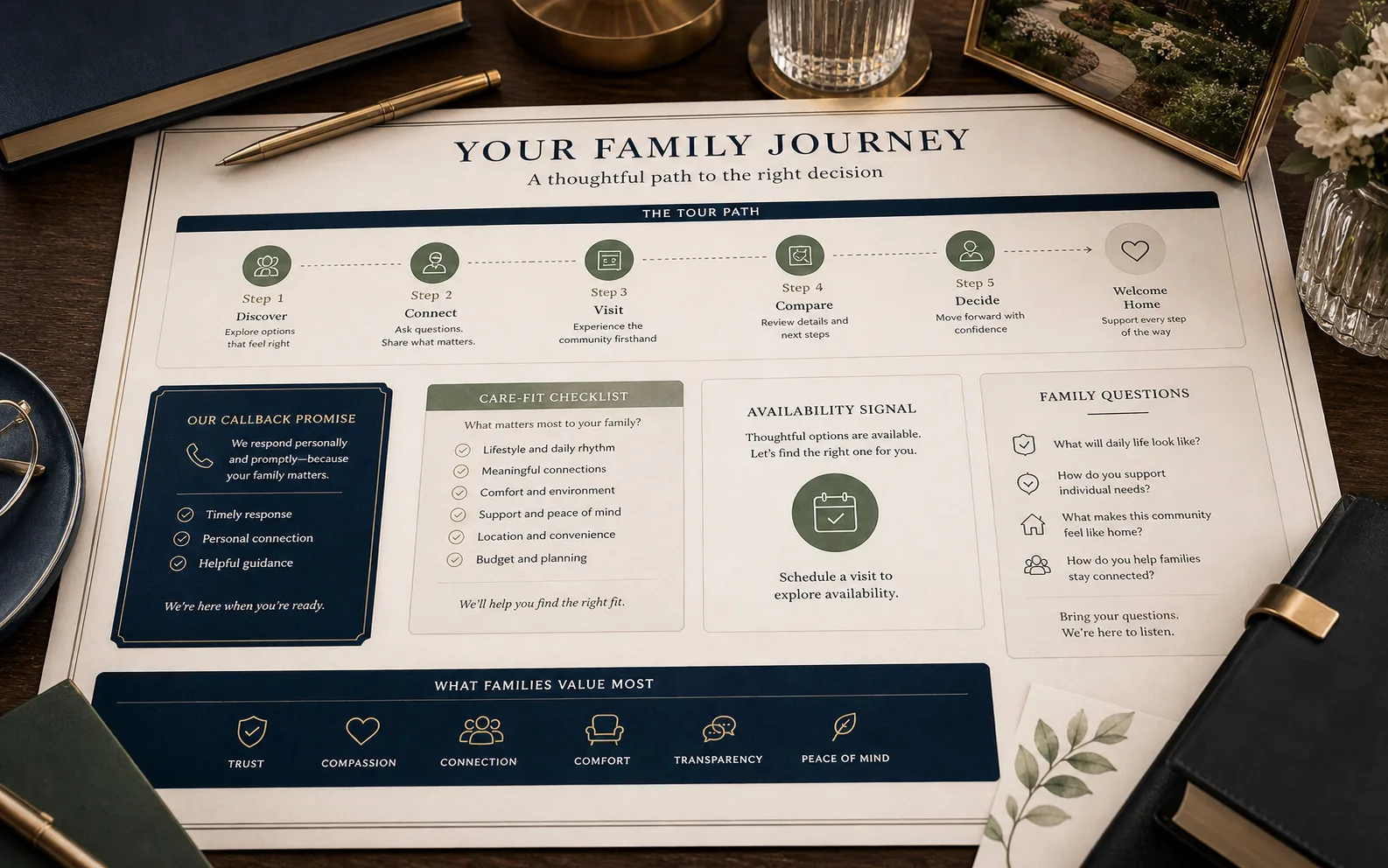 Premium family decision map with tour path, callback promise, care-fit checklist, availability signal, and family questions.
