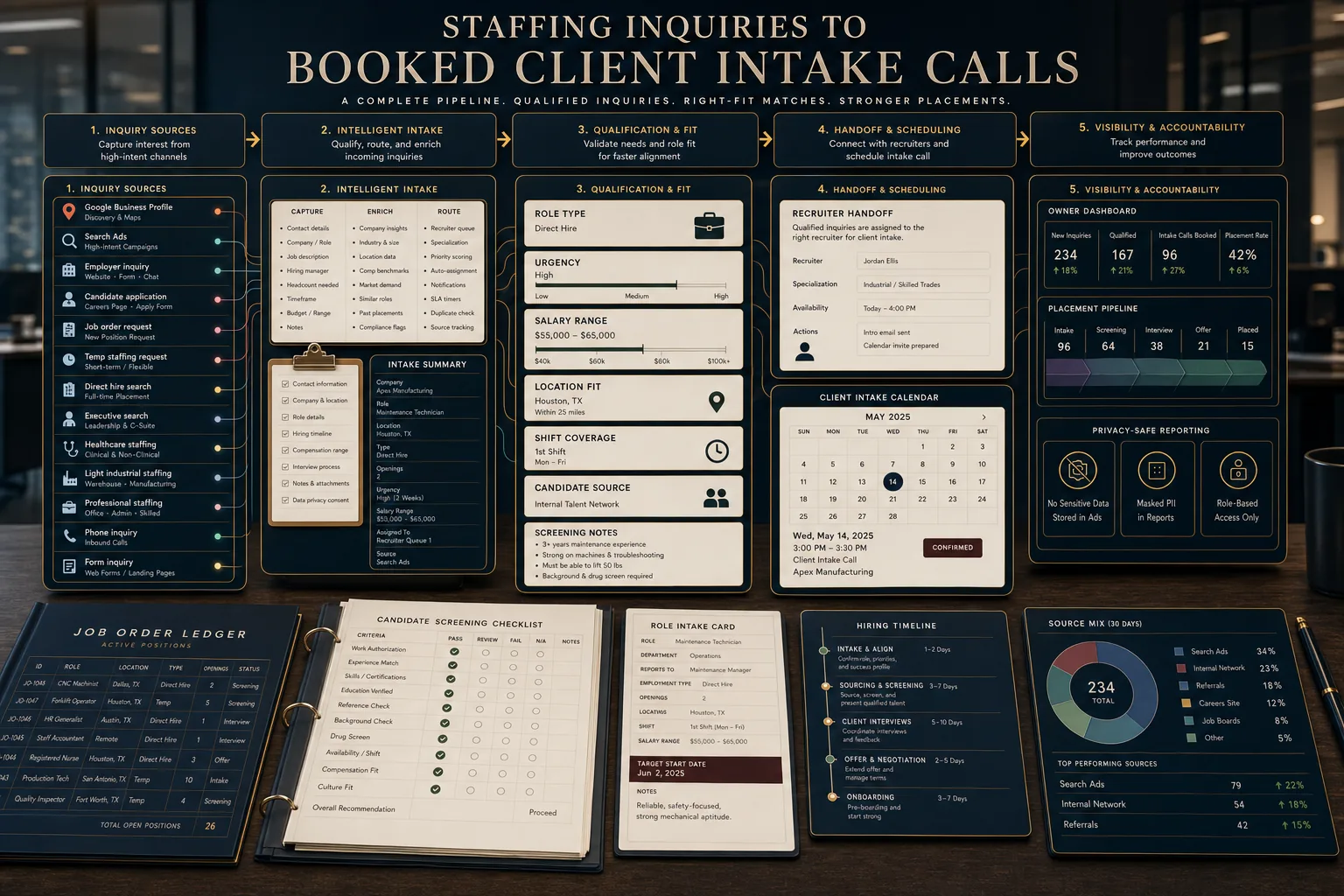 Premium staffing agency inquiries to booked client intake calls schematic showing Google Business Profile, Search Ads, employer inquiries, candidate applications, job order requests, temp staffing requests, direct hire search, executive search, healthcare staffing, light industrial staffing, professional staffing, phone inquiries, form inquiries, role type, urgency, salary range, location fit, shift coverage, candidate source, screening notes, recruiter handoff, client intake calendar, placement pipeline, owner dashboard, job order ledger, candidate screening checklist, source mix, and privacy-safe tracking.