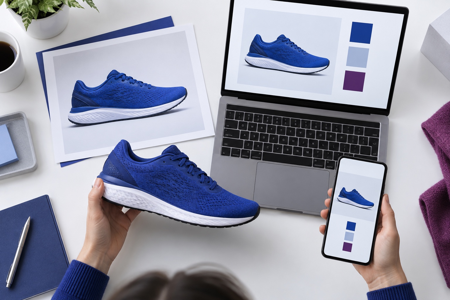 A person compares the same blue shoe with its printed photograph, laptop presentation and phone view.