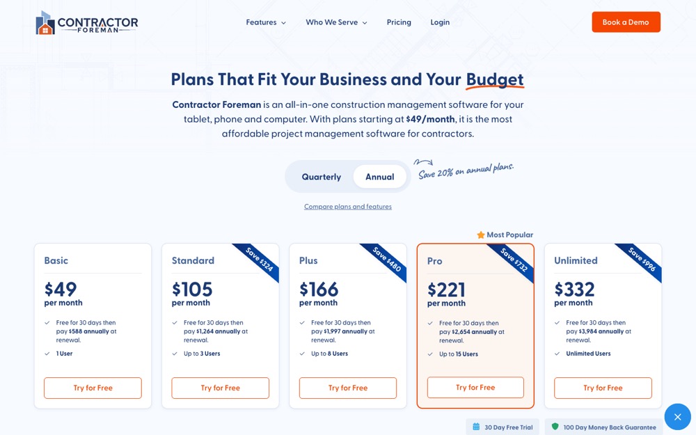 Contractor Foreman plan comparison