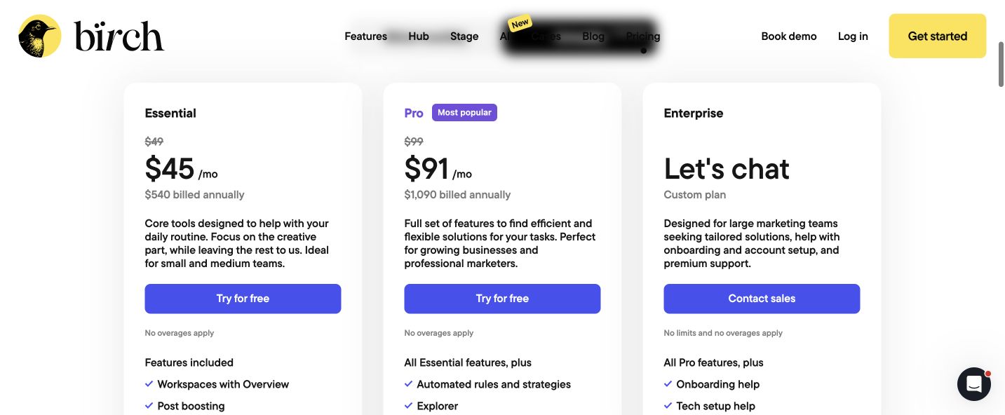 Birch official pricing page showing current Meta ad automation plans