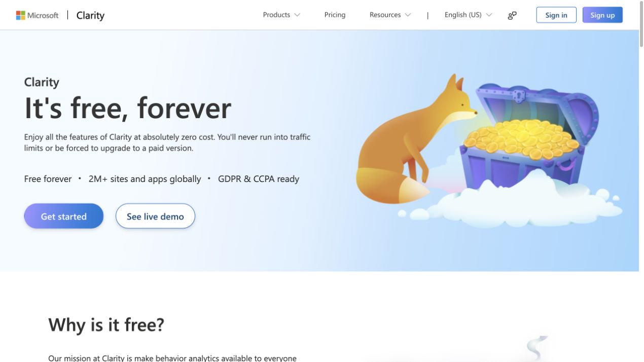 Microsoft Clarity official pricing page showing free forever