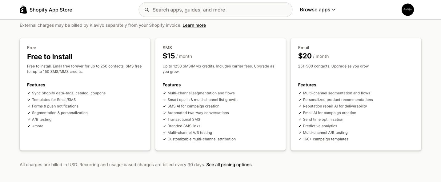 Klaviyo Shopify App Store page showing current pricing