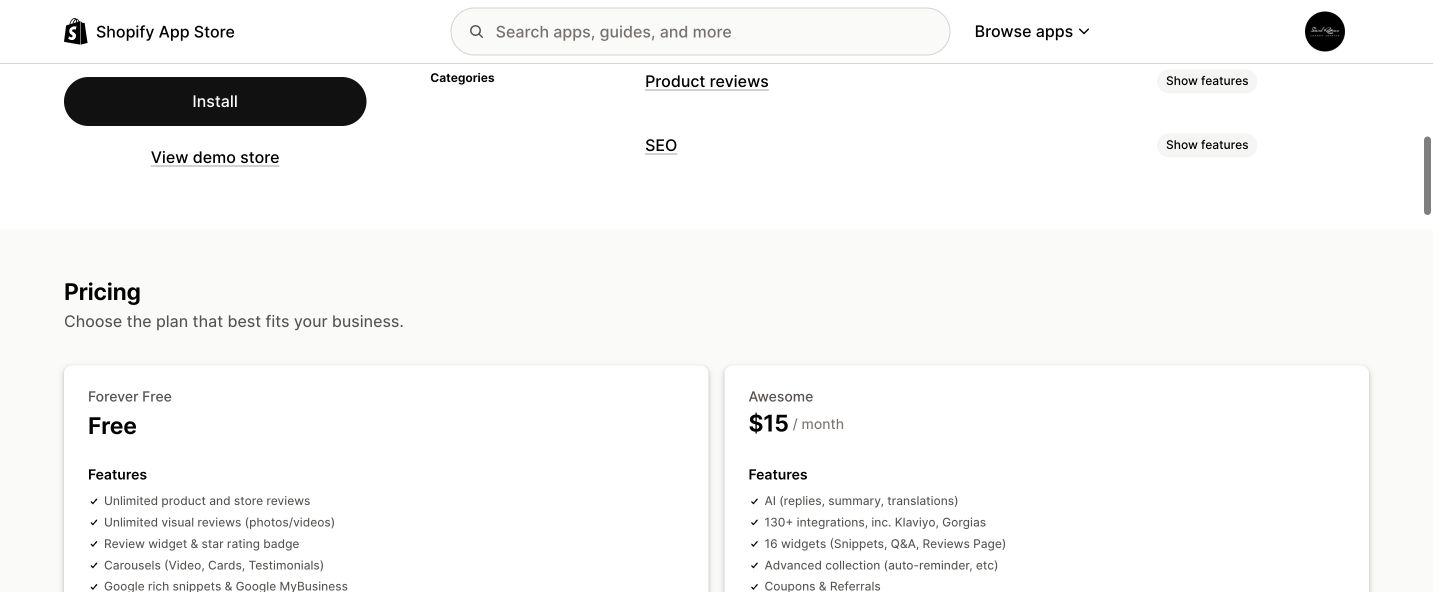 Judge.me Shopify App Store page showing the free and paid plans