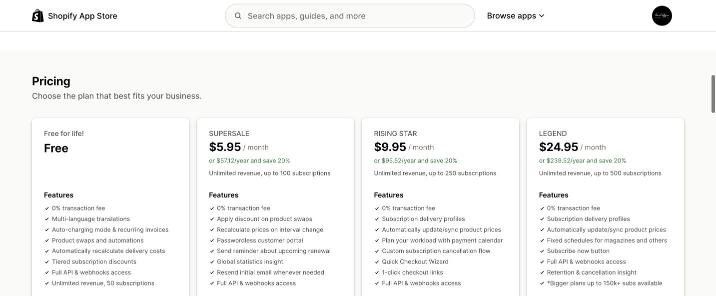 Seal Subscriptions Shopify App Store page showing current plans
