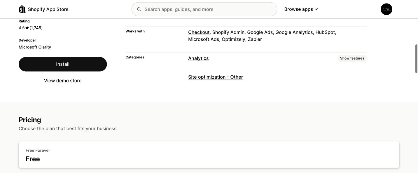 Microsoft Clarity Shopify App Store page showing its free price