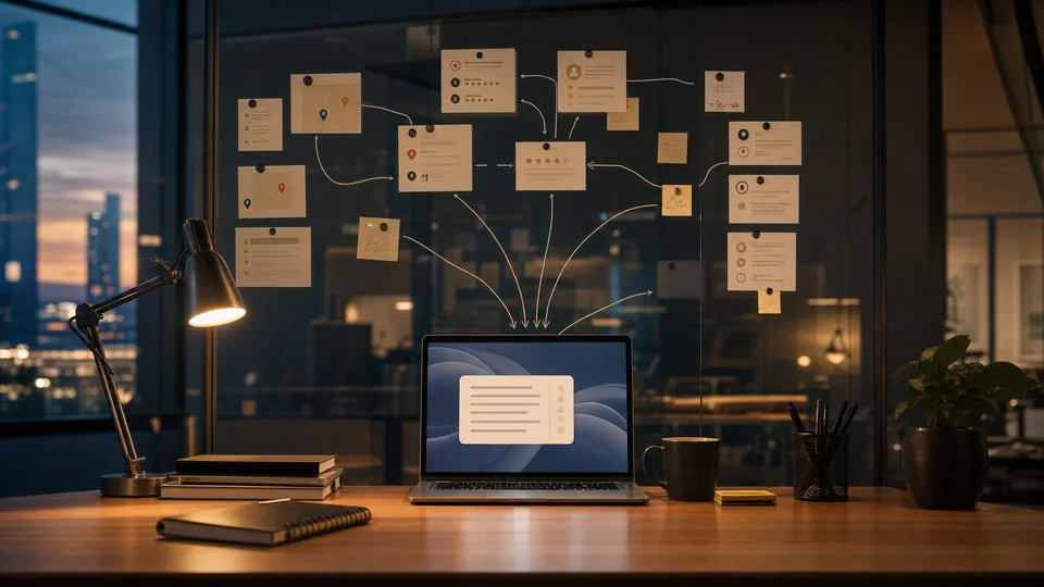 Realistic office glass wall with local source cards, review cues, map pins, and arrows feeding into a laptop answer panel
