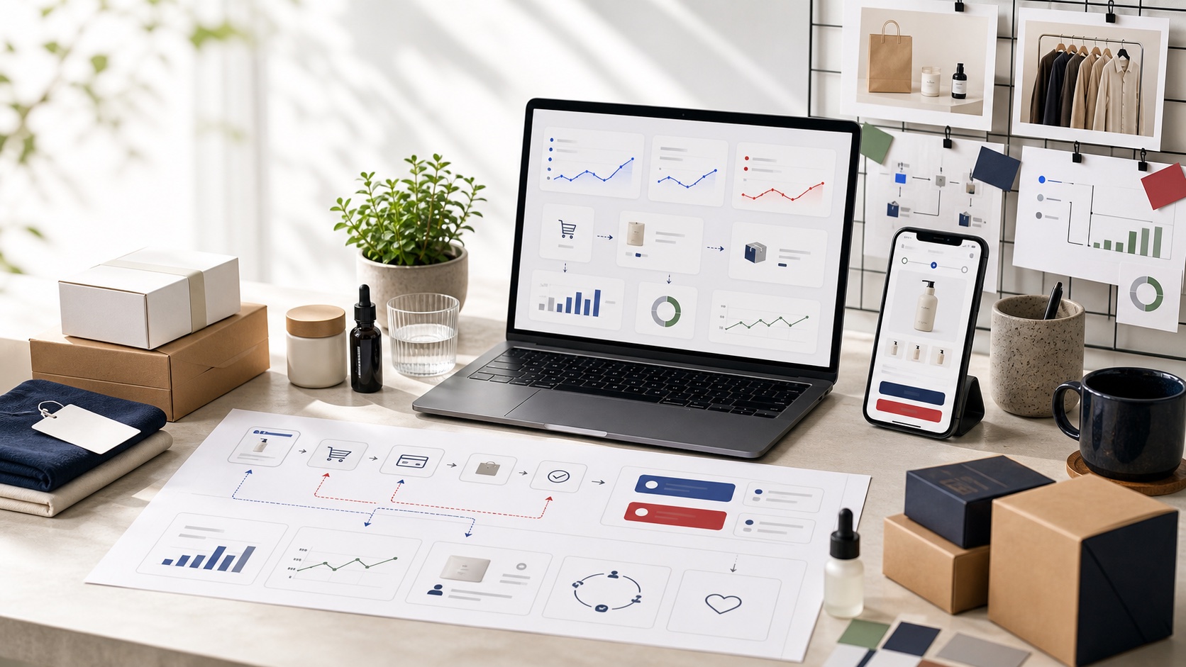 Ecommerce marketing workspace showing product samples, ad performance screens, mobile checkout, product feed planning, and order notes