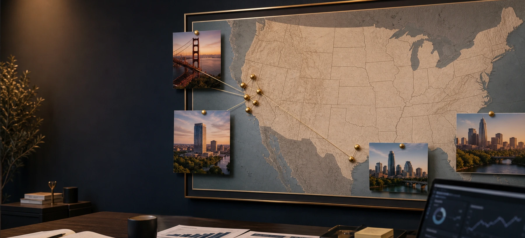 Office wall map with pins for California, Bay Area, Sacramento, Austin, and U.S. service areas
