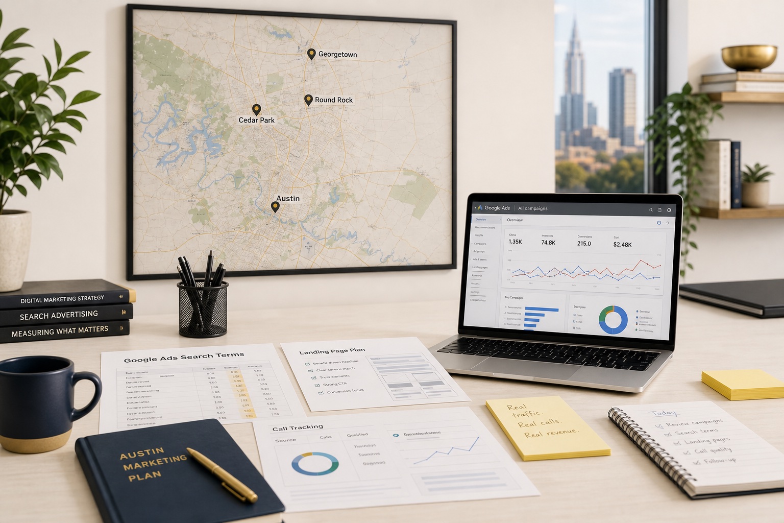 Austin Google Ads review workspace with an Austin-area wall map, paid-search dashboard, search term reports, landing page plan, call tracking sheets, and quote follow-up notes.