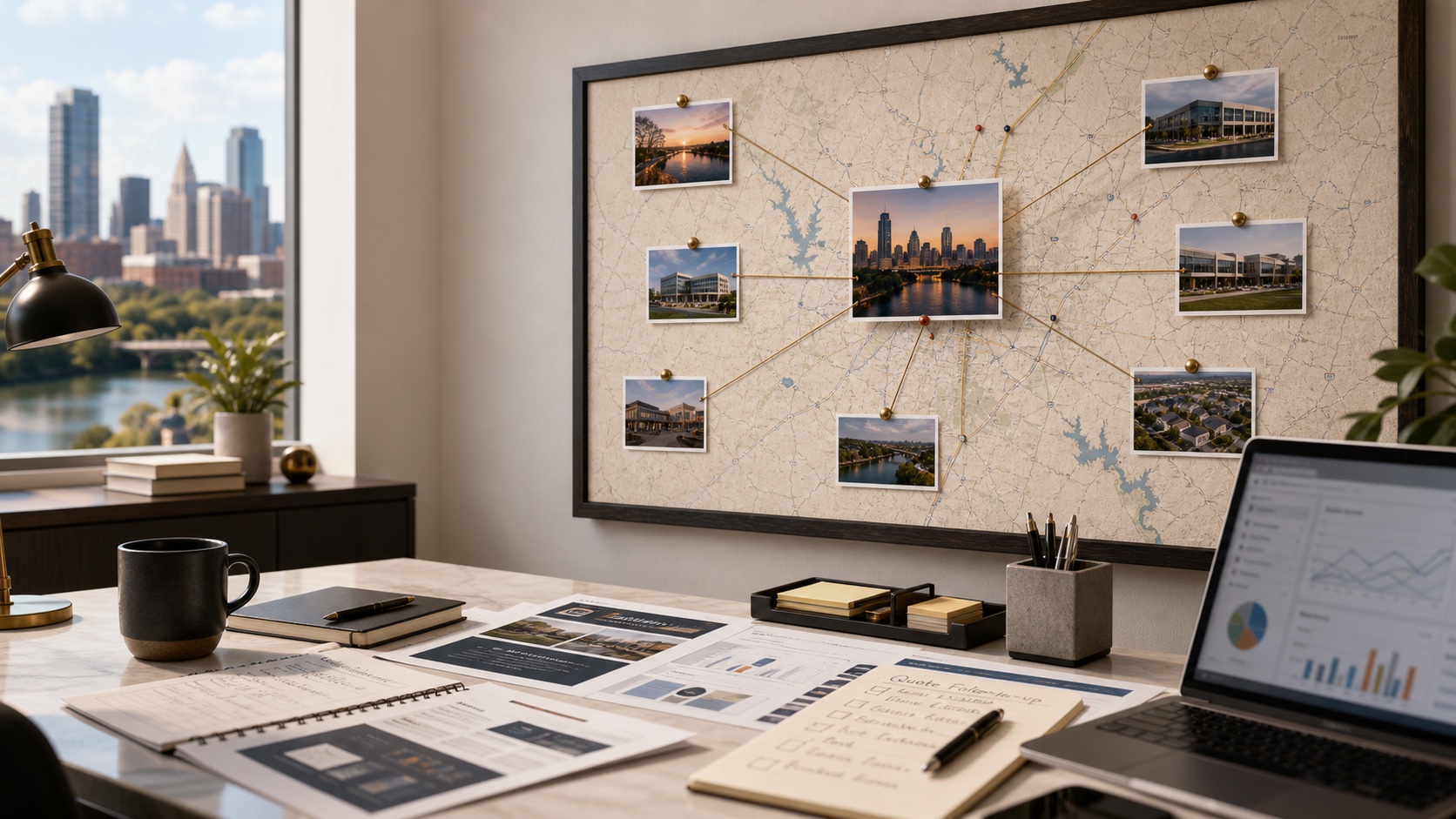 Austin marketing service-area wall map with campaign reports, quote follow-up notes, and an analytics dashboard