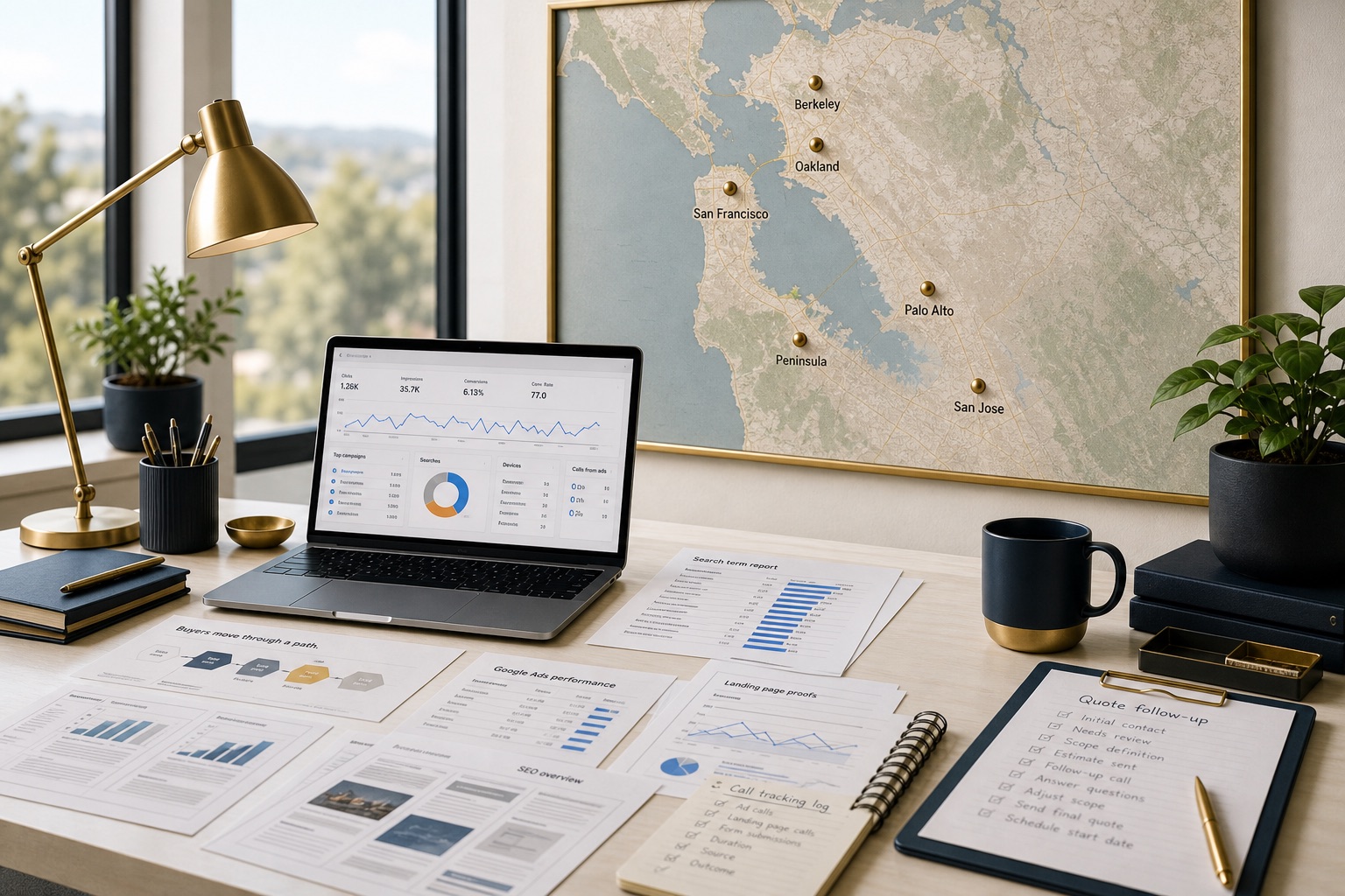 Bay Area marketing services review workspace with a Bay Area wall map, marketing dashboard, search reports, landing page proof sheets, call tracking log, and quote follow-up checklist.