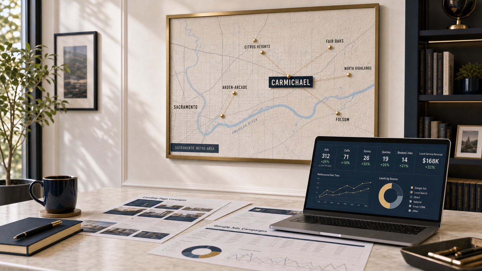 Carmichael marketing service-area wall map with pinned Sacramento Metro locations, campaign reports, and an analytics dashboard