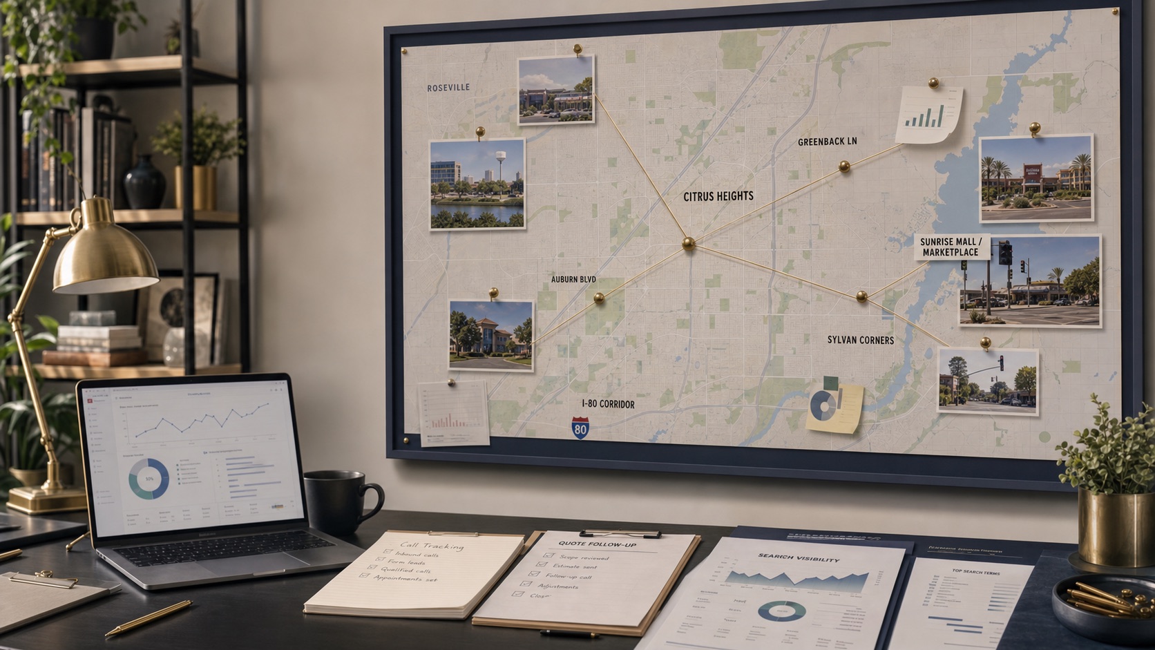 Citrus Heights Make us visible in search and AI review workspace with city service-area map, search visibility reports, call tracking notes, and quote follow-up materials.