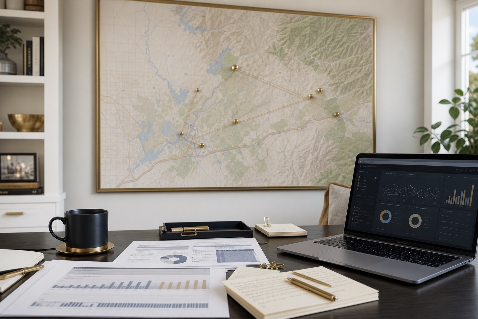 El Dorado Hills Google Ads review workspace with a foothills and Sacramento region wall map, paid-search dashboard, search term reports, landing page notes, call tracking sheets, and estimate request follow-up.