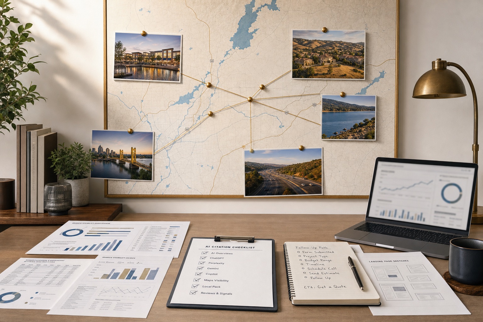 El Dorado Hills Make us visible in search and AI review workspace with Highway 50 corridor wall map, search visibility reports, AI citation notes, call tracking sheets, and quote follow-up materials.