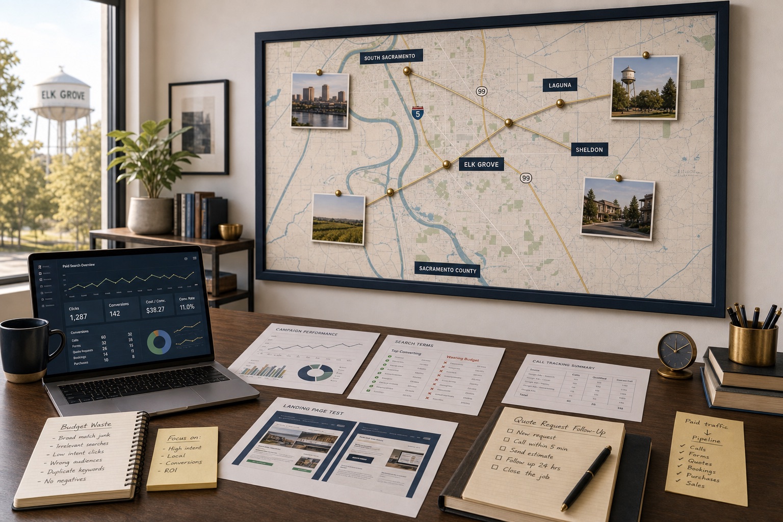 Elk Grove Google Ads review workspace with Sacramento County wall map, paid-search reports, search term sheets, budget waste notes, call tracking sheets, landing page notes, and quote request follow-up.