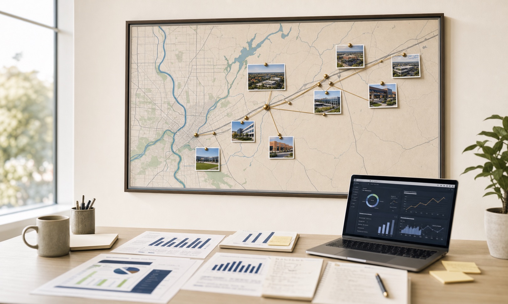 Elk Grove marketing service-area wall map with pinned business photos, campaign reports, and an analytics dashboard