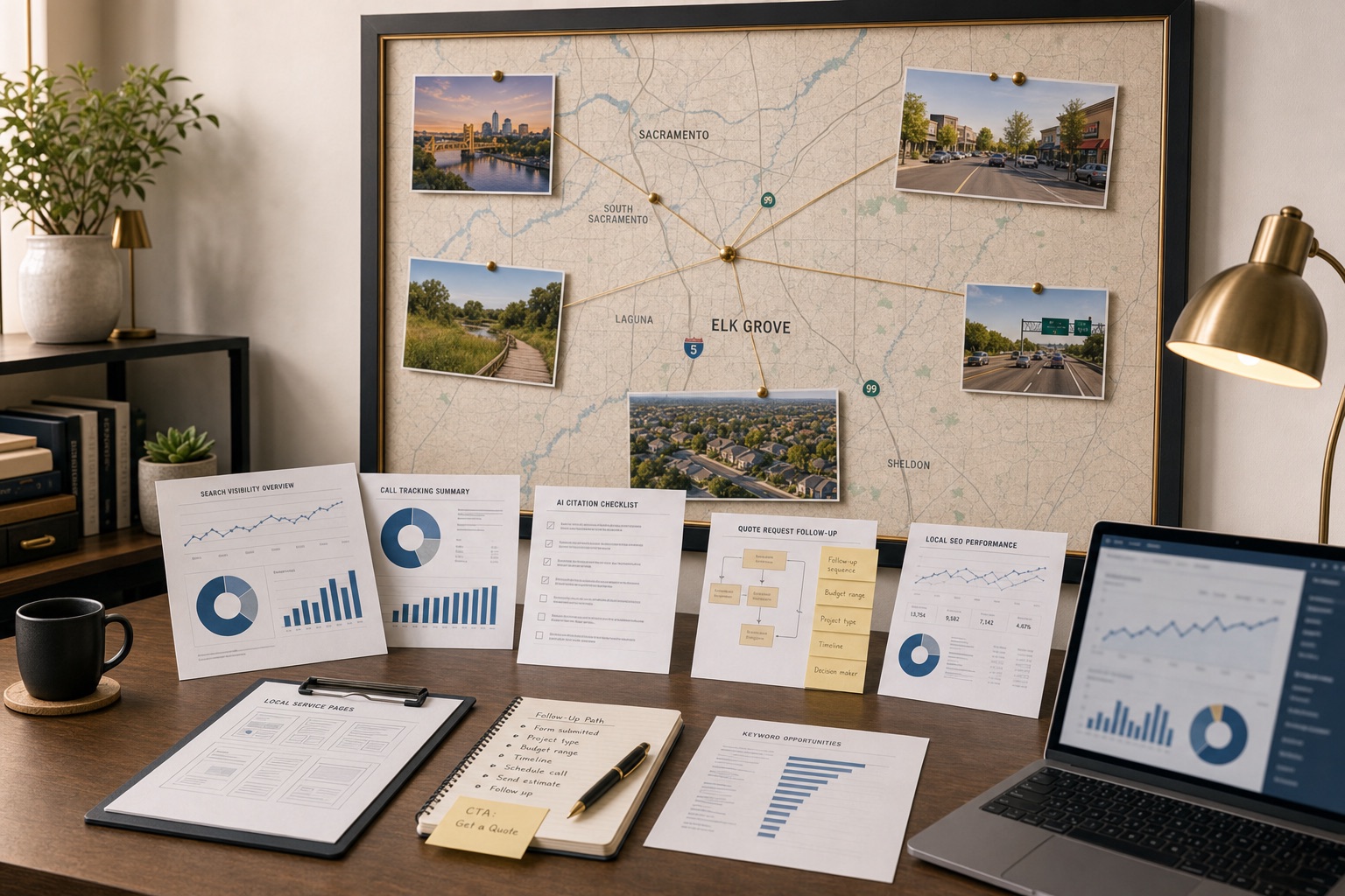 Elk Grove Make us visible in search and AI review workspace with Sacramento County wall map, search visibility reports, call tracking sheets, quote request notes, and analytics dashboard.