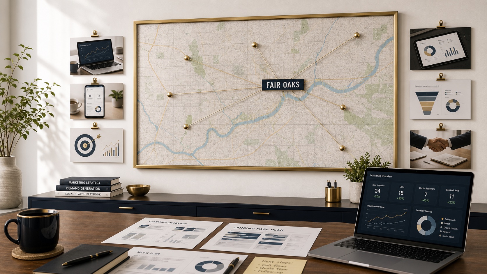 Fair Oaks marketing service-area wall map with pinned Sacramento Metro locations, campaign reports, and an analytics dashboard