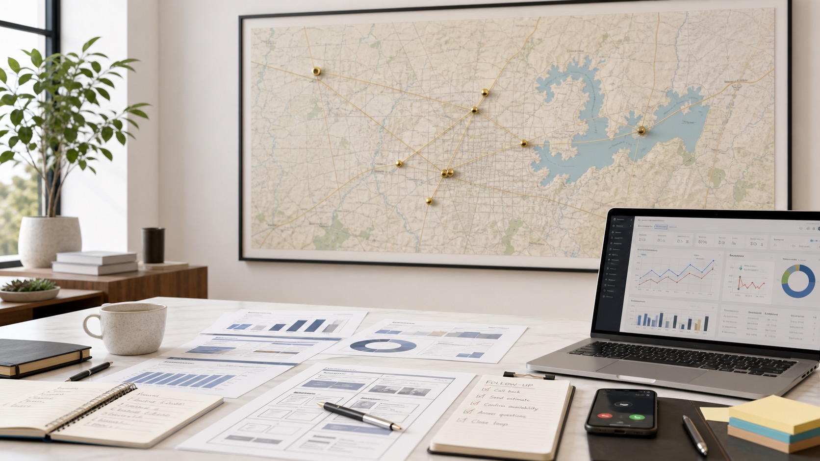 Folsom Google Ads review workspace with campaign notes, analytics screen, and local business marketing materials.