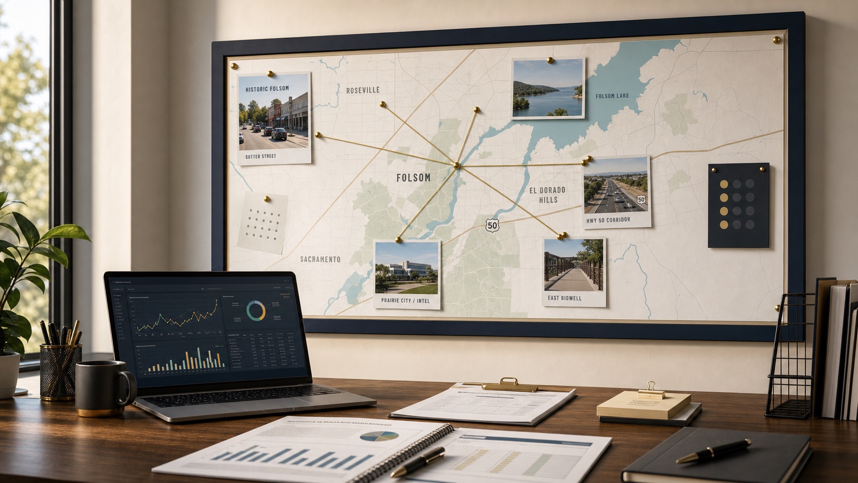 Folsom Make us visible in search and AI review workspace with service-area wall map, search visibility reports, analytics dashboard, and quote follow-up materials.