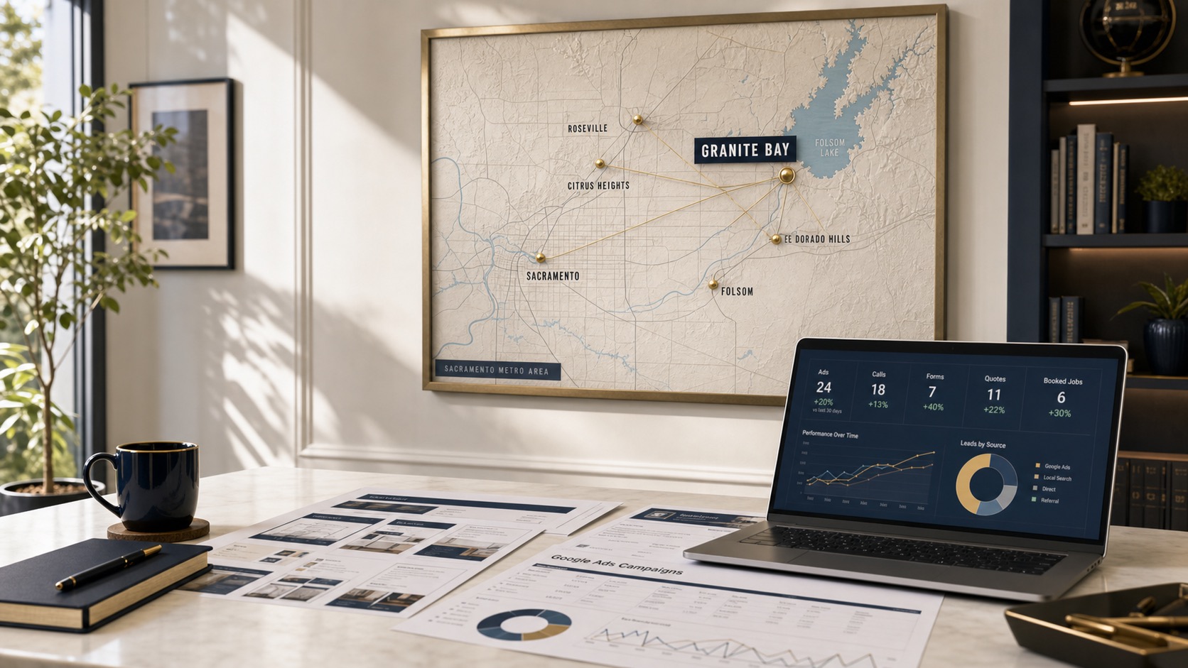 Granite Bay marketing service-area wall map with pinned Sacramento Metro locations, campaign reports, and an analytics dashboard