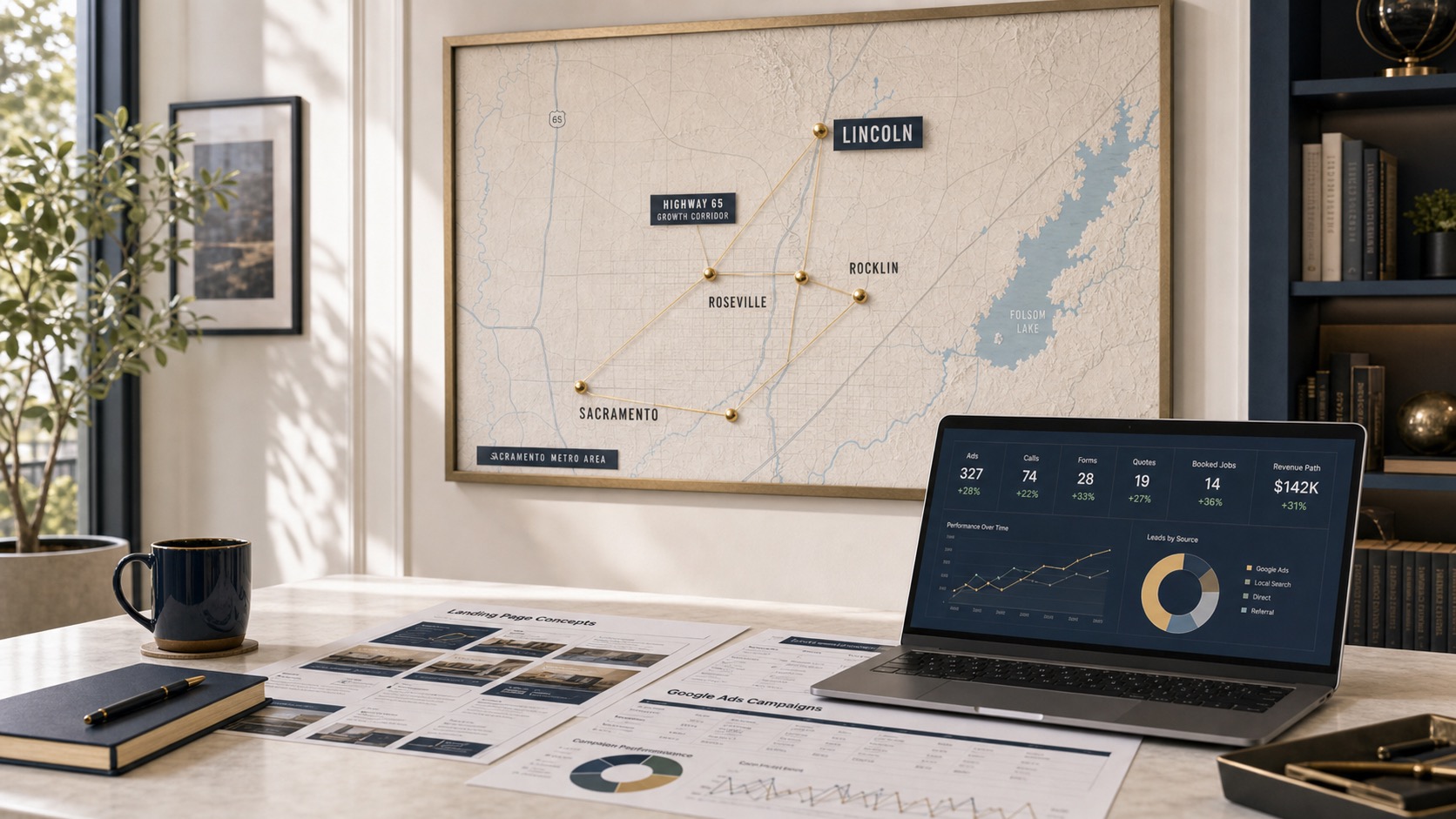 Lincoln marketing service-area wall map with pinned Sacramento Metro locations, campaign reports, and an analytics dashboard