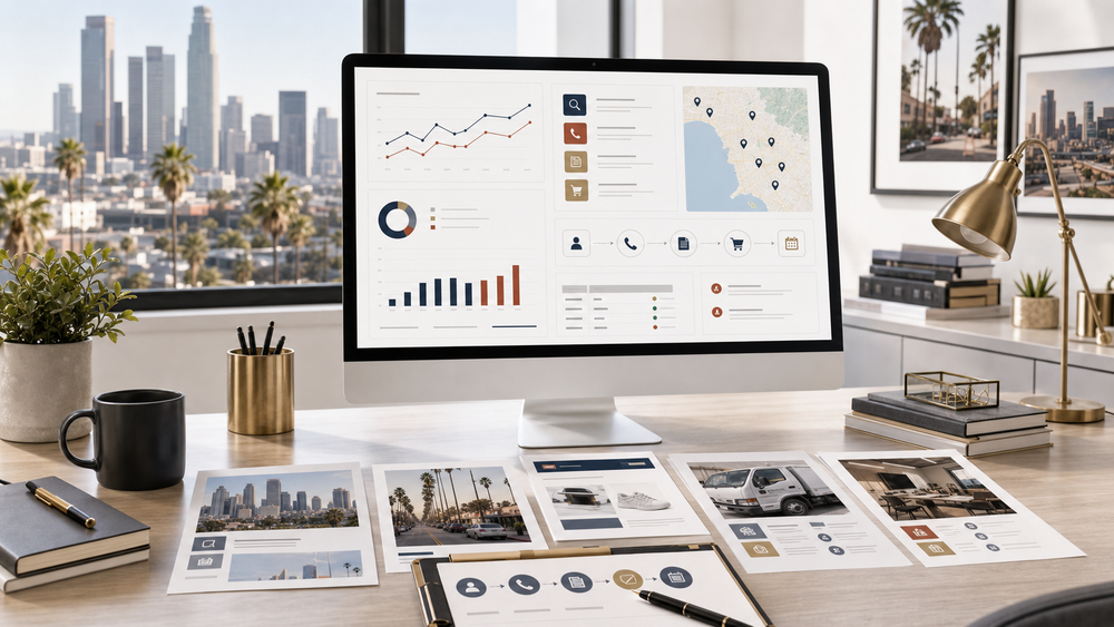 Los Angeles Google Ads review workspace with a paid-search dashboard, city map, landing page plans, buyer-action cards, and campaign notes