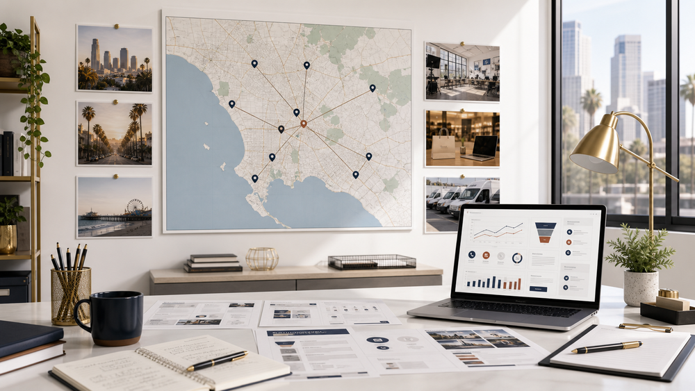 Los Angeles marketing workspace with a wall map, city photos, campaign dashboard, page plans, and follow-up notes