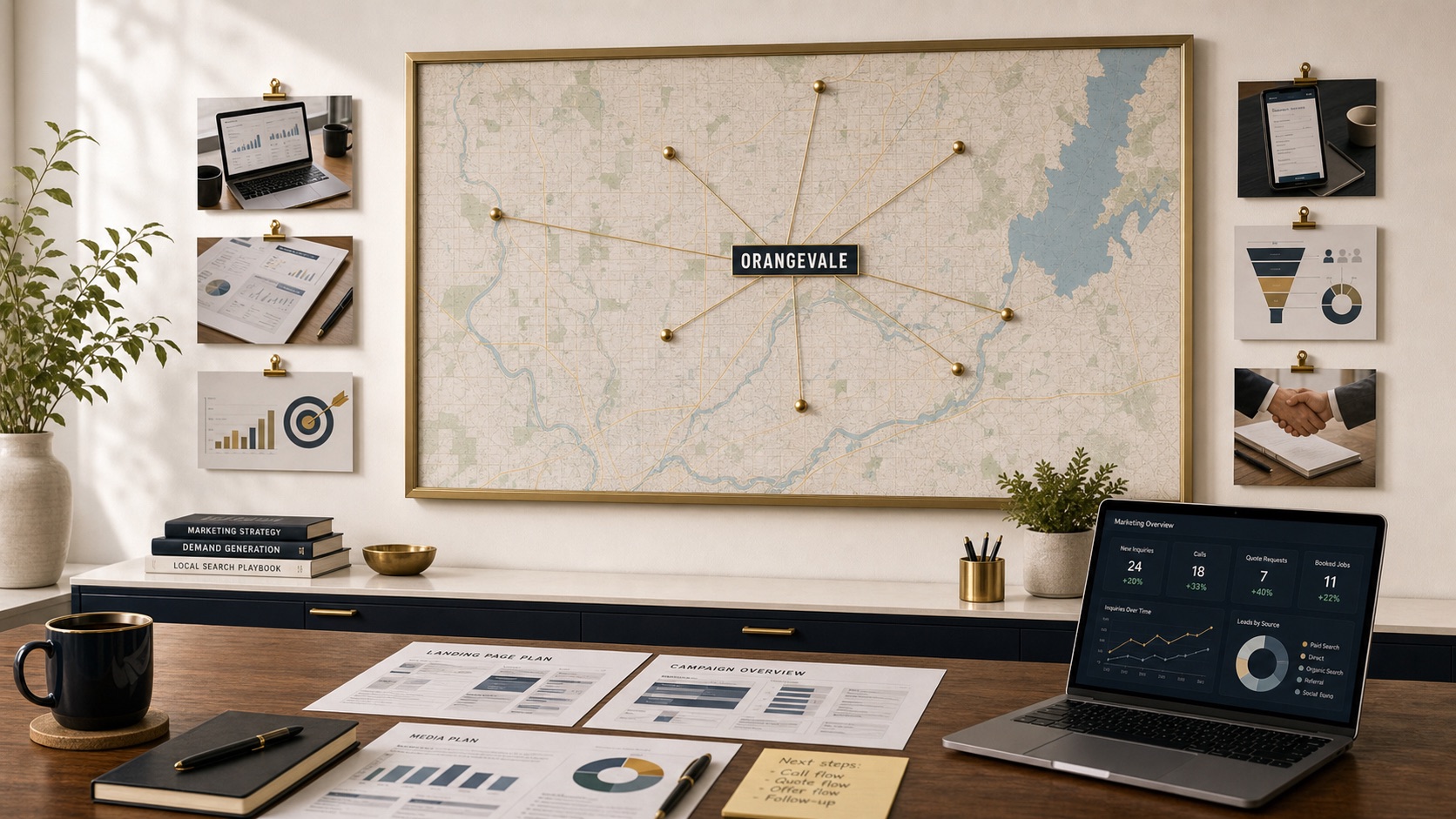 Orangevale marketing service-area wall map with pinned Sacramento Metro locations, campaign reports, and an analytics dashboard