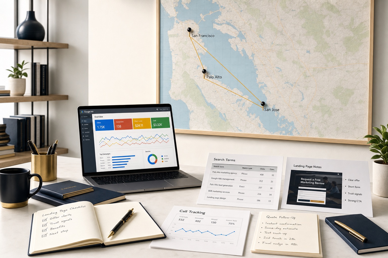 Palo Alto Google Ads review workspace with a Bay Area wall map, paid-search dashboard, search term reports, landing page notes, call tracking sheets, and quote follow-up.