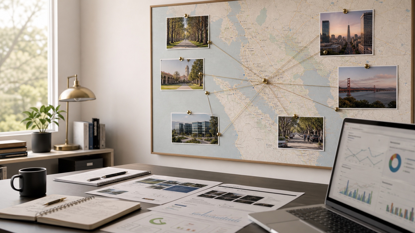 Palo Alto and Bay Area marketing service-area wall map with campaign reports, landing page printouts, and an analytics dashboard