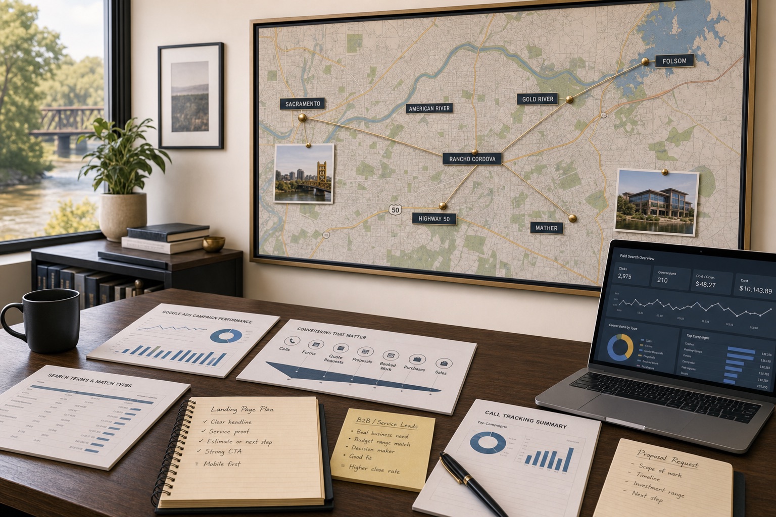 Rancho Cordova Google Ads review workspace with Highway 50 corridor wall map, paid-search reports, search term sheets, landing page notes, B2B lead quality notes, call tracking sheets, and proposal request follow-up.