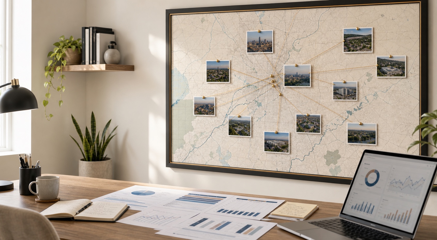 Rancho Cordova marketing service-area wall map with pinned business photos, reports, and a marketing dashboard