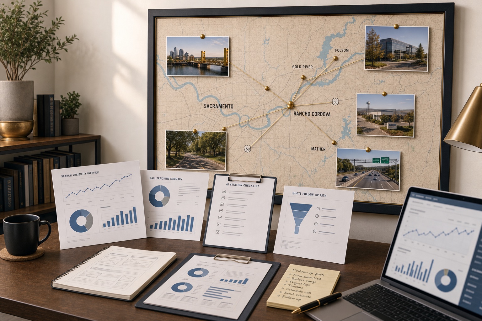 Rancho Cordova Make us visible in search and AI review workspace with Highway 50 corridor wall map, search visibility reports, call tracking sheets, proposal follow-up notes, and analytics dashboard.